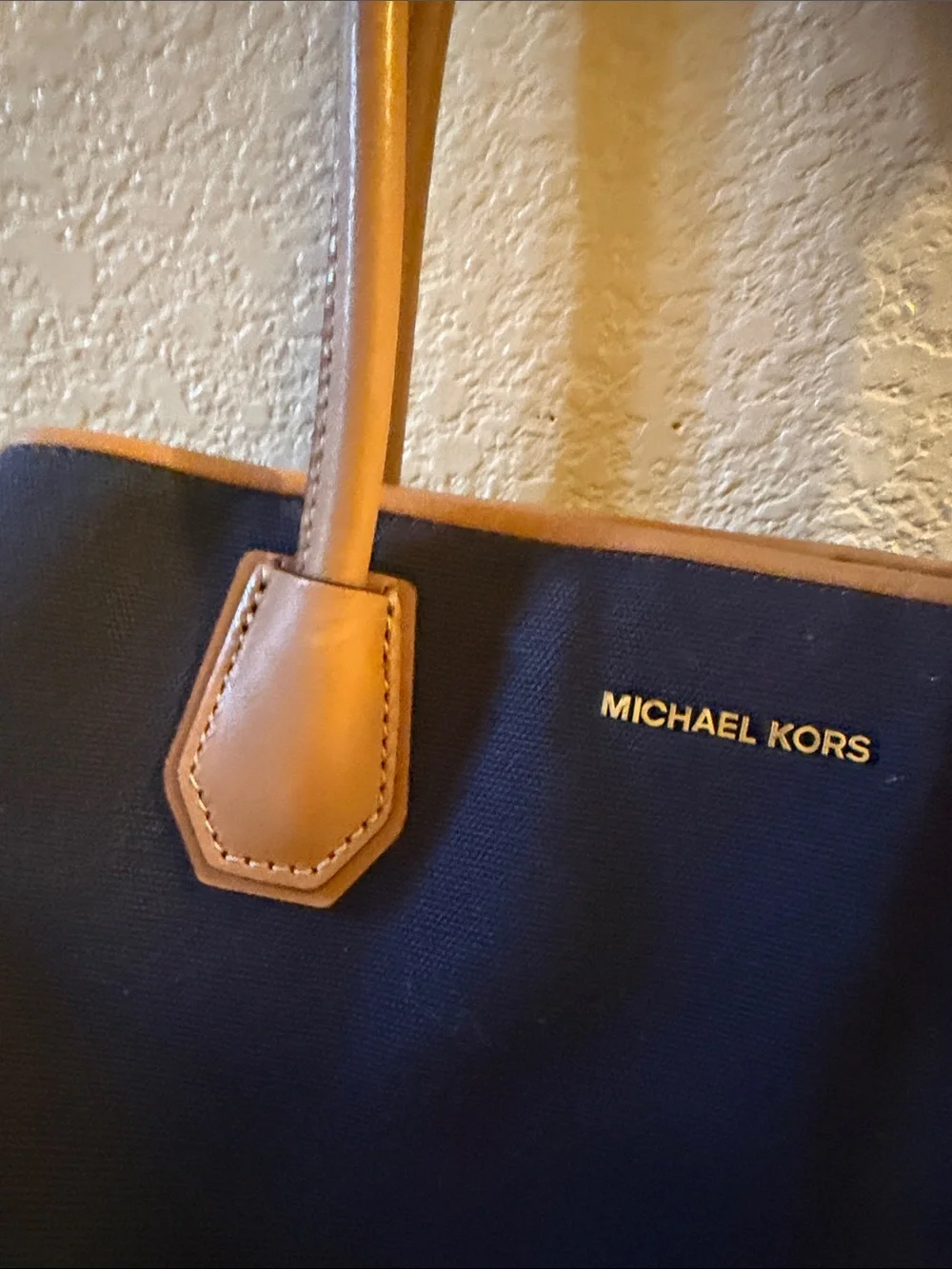 Michael Kors Navy Canvas Tote with Tan Leather Trim